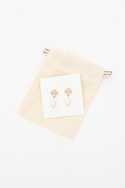 Tory Burch Gold & White Kira Pavé Pearl Drop Earrings