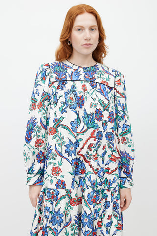 Tory Burch White & Multicolour Quilted Floral Belted Dress
