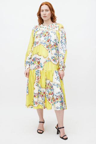 Tory Burch Yellow & Multicolour Floral Silk Dress