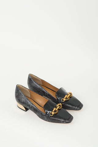 Tory Burch Black Patent & Textured Leather Jessa Heeled Loafer