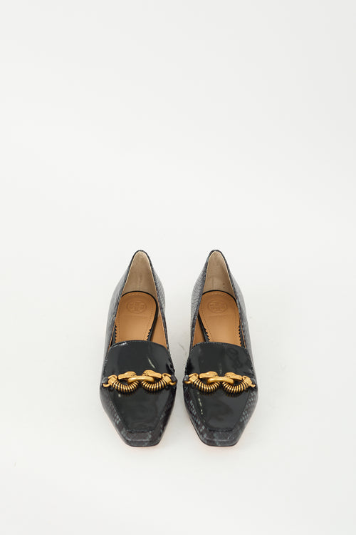 Tory Burch Black Patent & Textured Leather Jessa Heeled Loafer