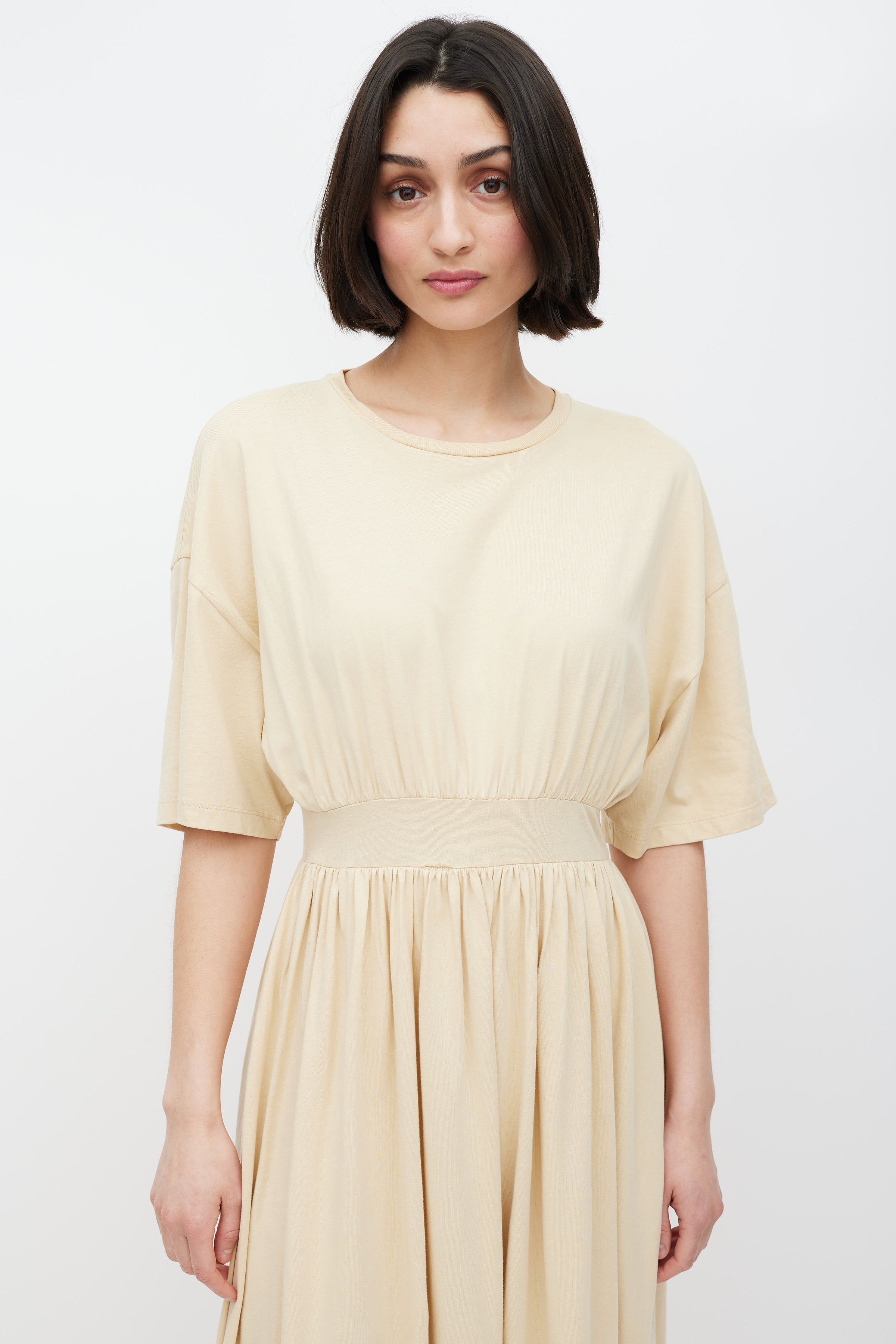 Toteme // Beige Cotton Gathered T-Shirt Dress VSP Consignment Toteme // Beige Cotton Gathered T-Shirt Dress VSP Consignment