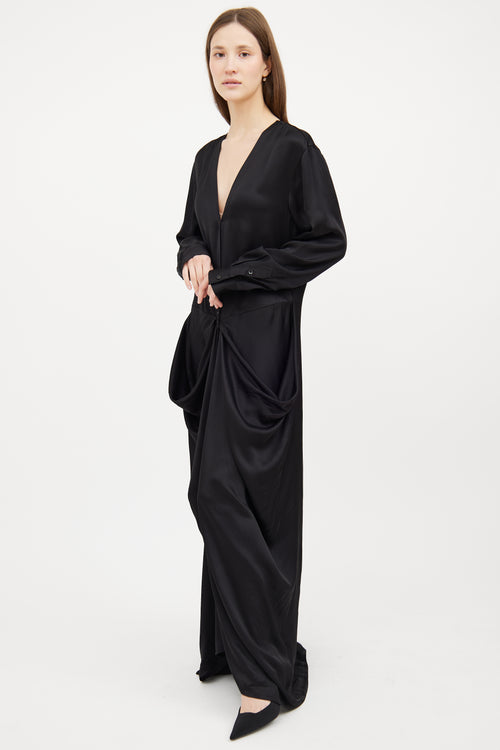 Black Satin Gathered Dress