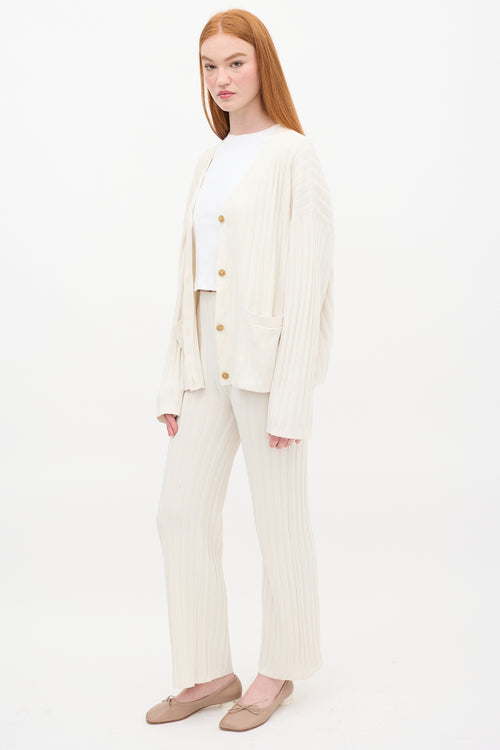 Toteme Cream Ribbed Knit Straight Leg Lounge Pant