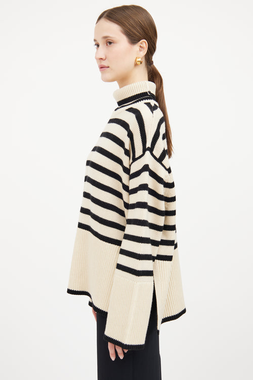 Cream & Black Stripe Turtleneck Sweater