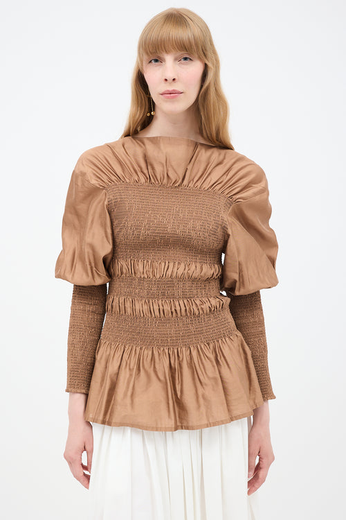 Toteme Fall 2019 Brown Silk Coripe Shirred Blouse