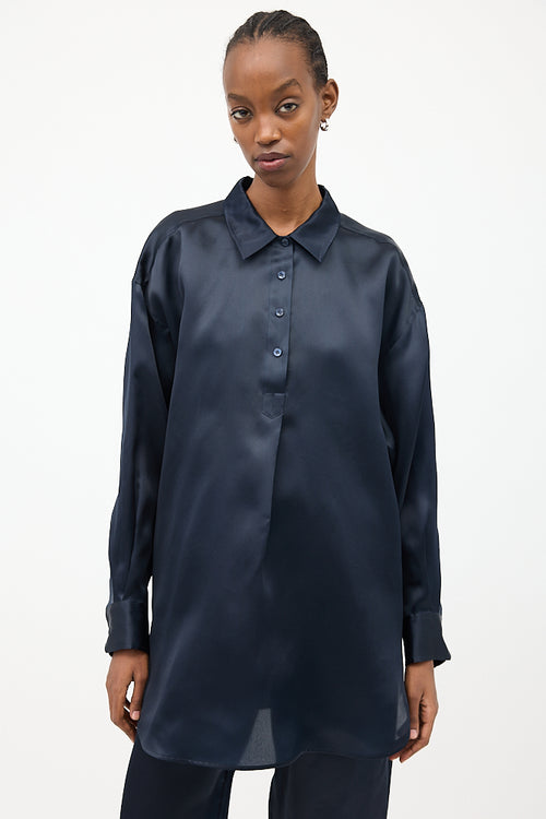 Toteme Navy Silk Organza Half Button Shirt