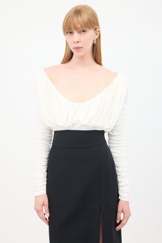 Tove White Ruched Off Shoulder Bodysuit