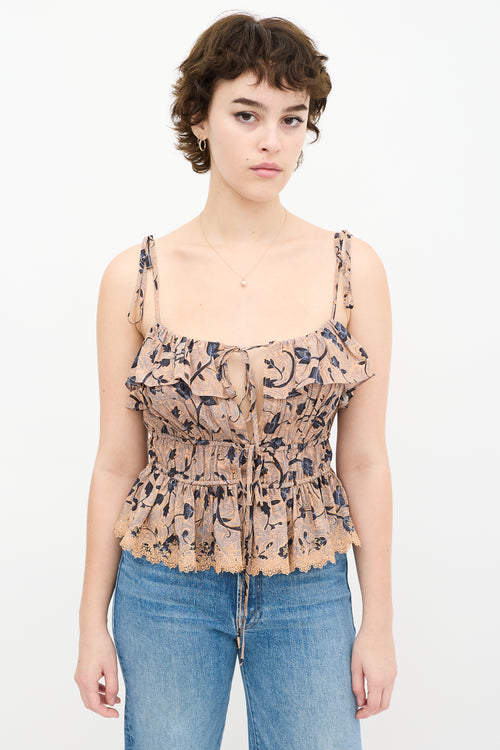 Beige & Blue Silk Floral Ruffled Top