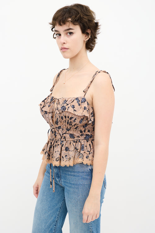 Beige & Blue Silk Floral Ruffled Top