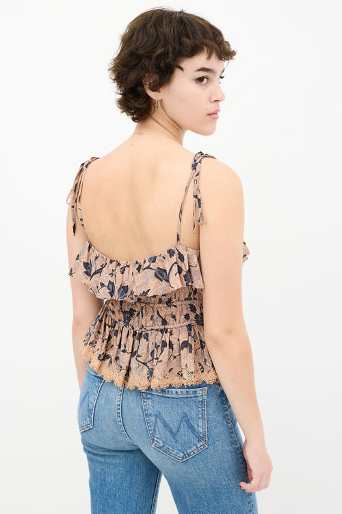 Beige & Blue Silk Floral Ruffled Top