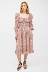 Ulla Johnson Beige & Burgundy Floral Tiered Dress