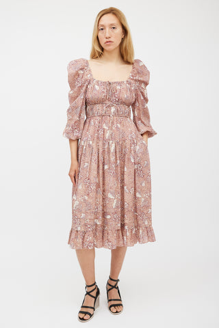 Ulla Johnson Beige & Burgundy Floral Tiered Dress