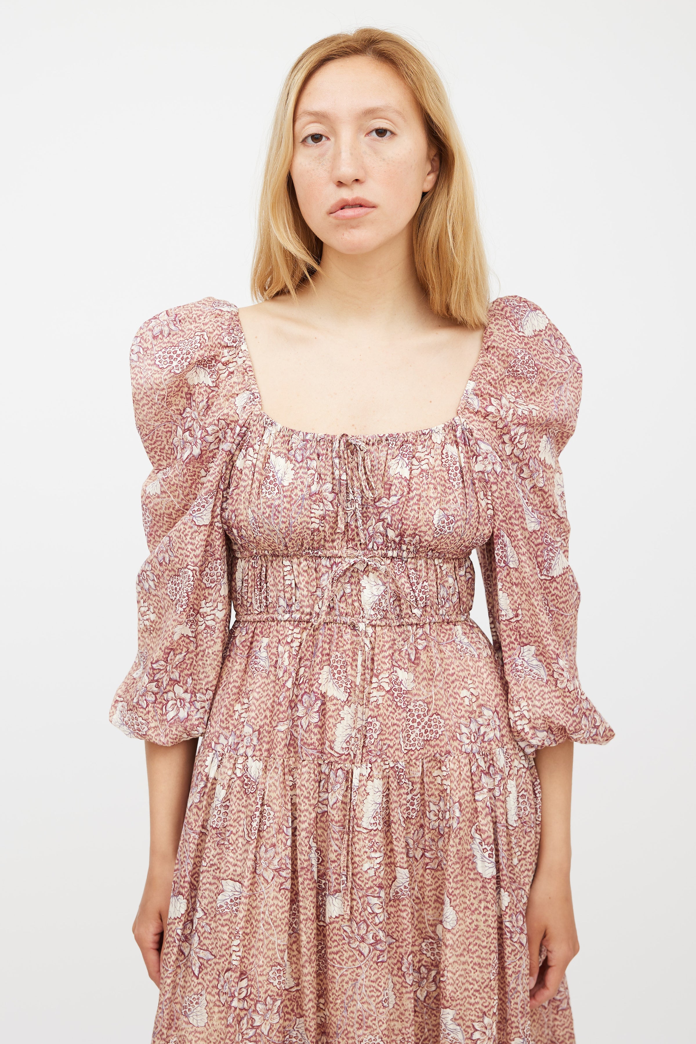 Ulla Johnson // Beige & Burgundy Floral Tiered Dress VSP Consignment Ulla Johnson // Beige & Burgundy Floral Tiered Dress VSP Consignment