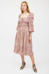 Ulla Johnson Beige & Burgundy Floral Tiered Dress