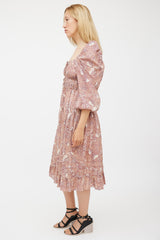 Ulla Johnson Beige & Burgundy Floral Tiered Dress