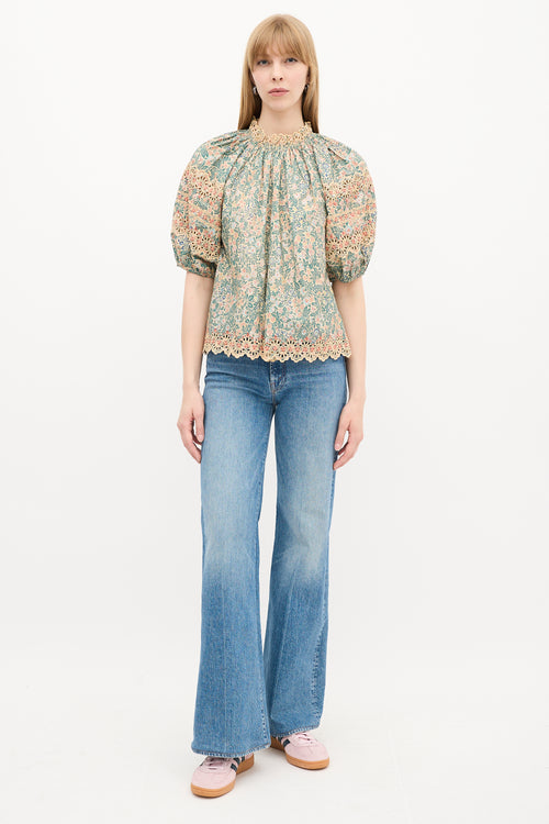 Ulla Johnson Beige & Multi Floral Eyelet Embroidered Blouse