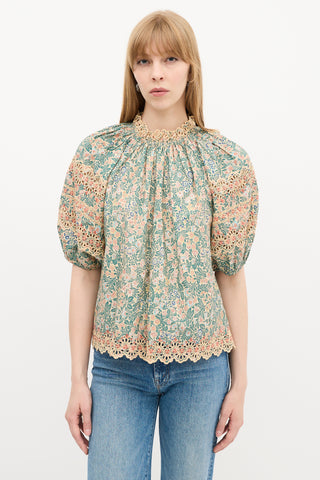 Ulla Johnson Beige & Multi Floral Eyelet Embroidered Blouse