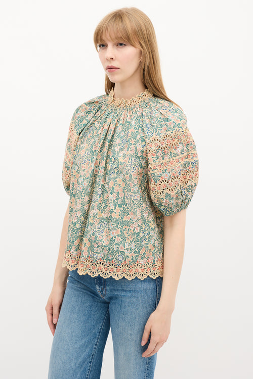 Ulla Johnson Beige & Multi Floral Eyelet Embroidered Blouse