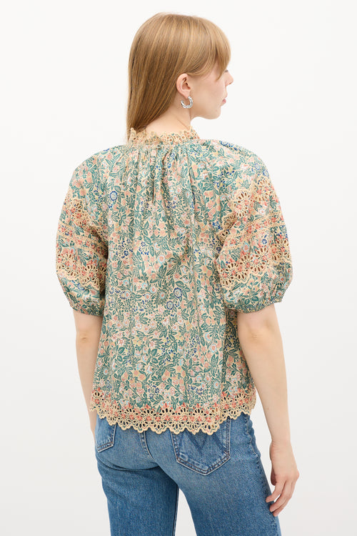 Ulla Johnson Beige & Multi Floral Eyelet Embroidered Blouse