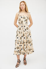 Ulla Johnson Beige & Multicolour Floral Pleated Tiered Dress
