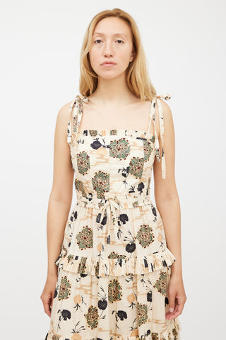 Ulla Johnson Beige & Multicolour Floral Pleated Tiered Dress