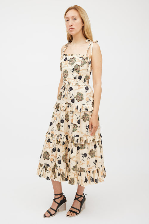 Ulla Johnson Beige & Multicolour Floral Pleated Tiered Dress