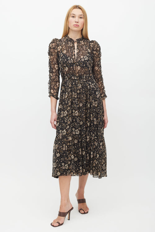 Ulla Johnson Black & Brown Floral Ruffled Dress