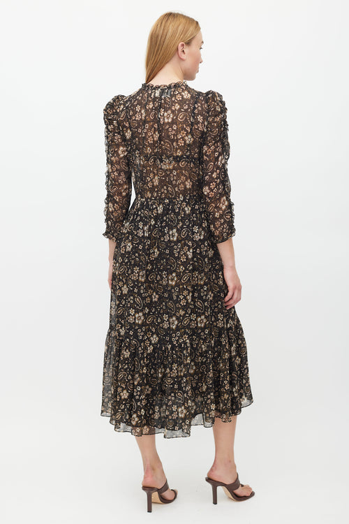 Ulla Johnson Black & Brown Floral Ruffled Dress