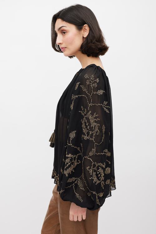 Ulla Johnson Black & Gold Embroirdered Sheer Top