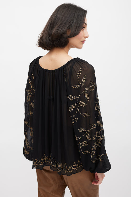 Ulla Johnson Black & Gold Embroirdered Sheer Top