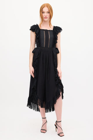 Ulla Johnson Black Lace Trim Ruffled Midi Dress