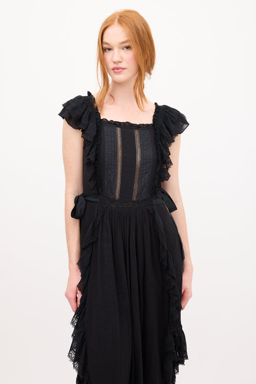 Ulla Johnson Black Lace Trim Ruffled Midi Dress