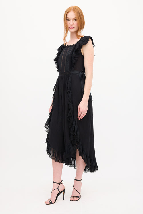 Ulla Johnson Black Lace Trim Ruffled Midi Dress