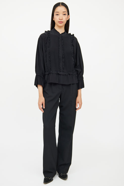 Ulla Johnson Black Silk Ruffle Pleat Top