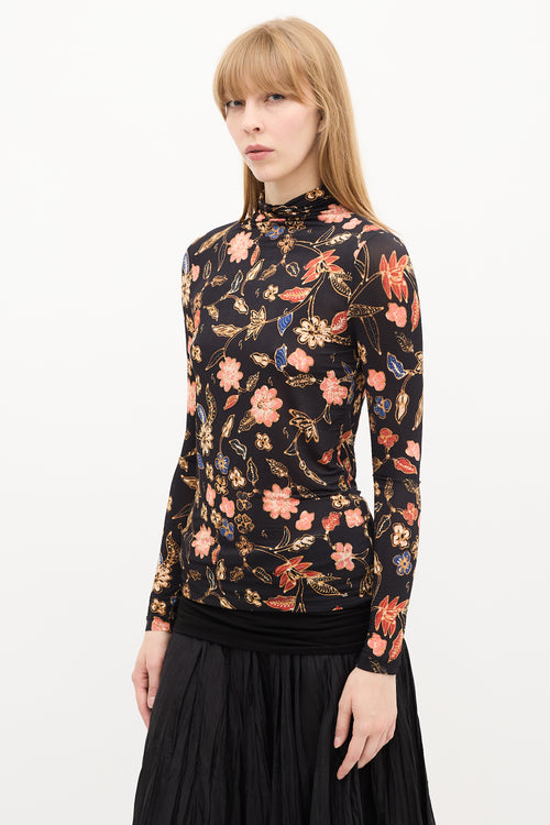 Ulla Johnson Black & Multi Floral Mock Neck Top