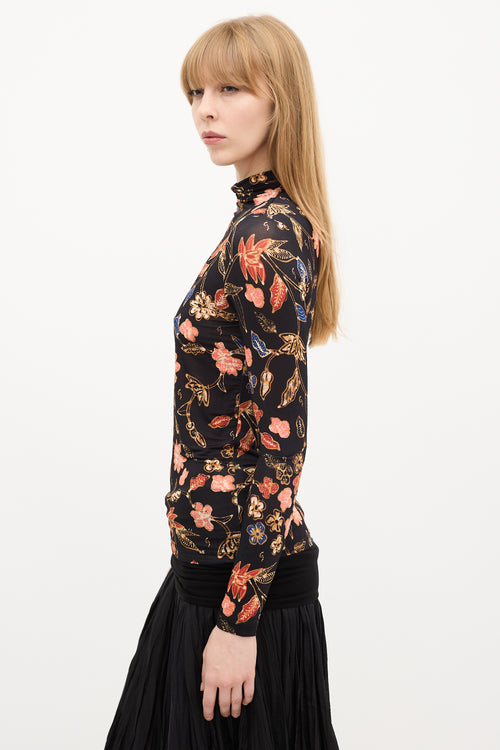 Ulla Johnson Black & Multi Floral Mock Neck Top