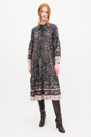 Ulla Johnson Black & Multi Silk Floral Tier Midi Dress