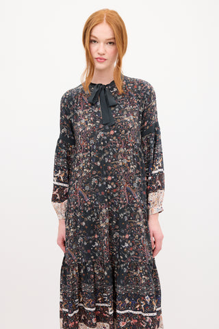 Ulla Johnson Black & Multi Silk Floral Tier Midi Dress