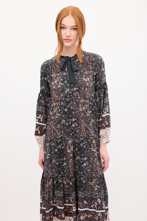 Ulla Johnson Black & Multi Silk Floral Tier Midi Dress