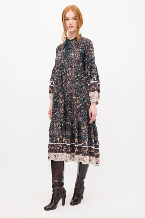 Ulla Johnson Black & Multi Silk Floral Tier Midi Dress