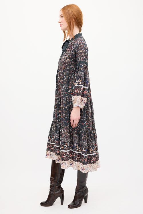 Ulla Johnson Black & Multi Silk Floral Tier Midi Dress