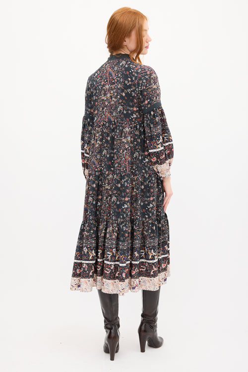 Ulla Johnson Black & Multi Silk Floral Tier Midi Dress