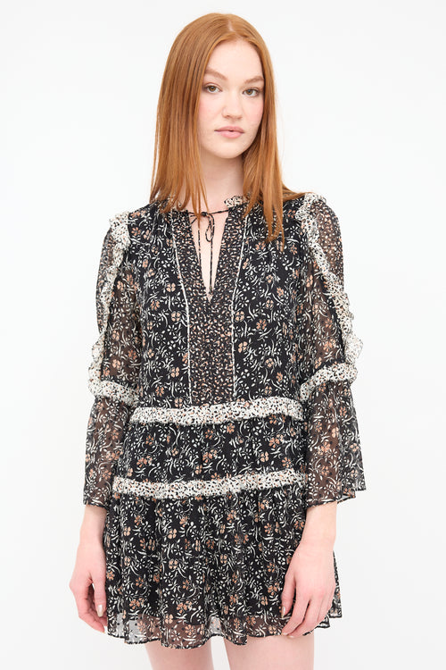 Ulla Johnson Black & Pink Silk Floral Dotted Dress