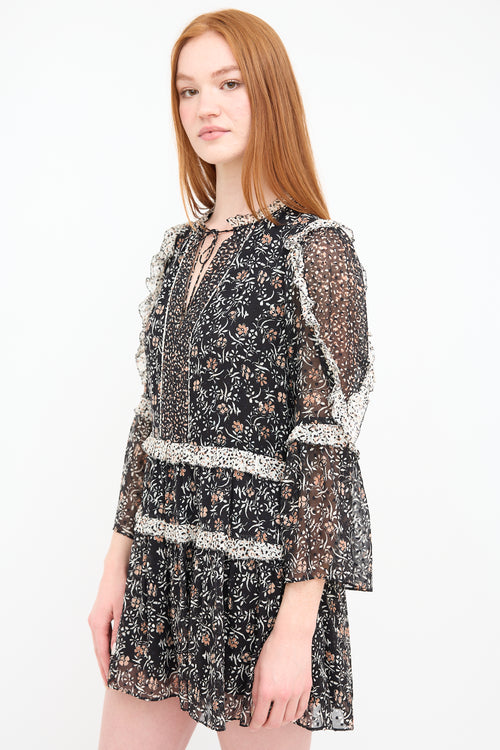 Ulla Johnson Black & Pink Silk Floral Dotted Dress
