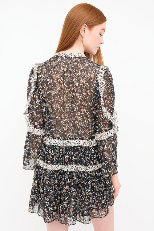 Ulla Johnson Black & Pink Silk Floral Dotted Dress