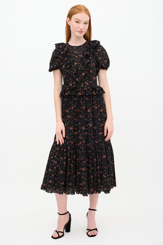 Ulla Johnson Black & Orange Floral Lace Tiered Dress