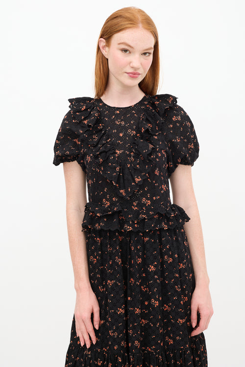 Ulla Johnson Black & Orange Floral Lace Tiered Dress