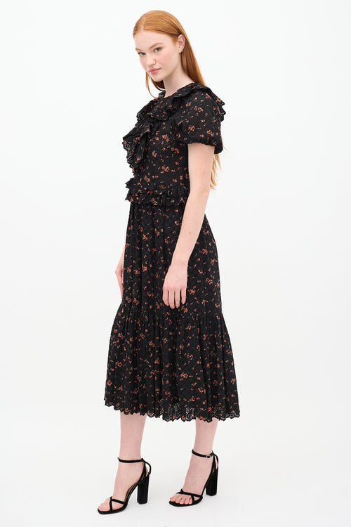 Ulla Johnson Black & Orange Floral Lace Tiered Dress