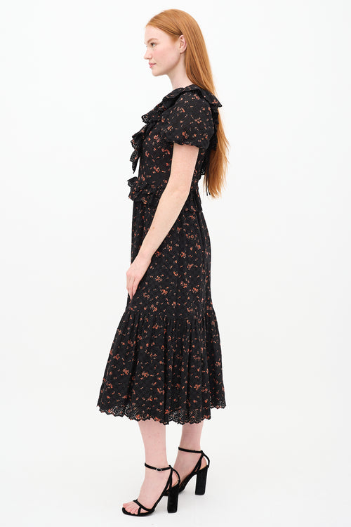 Ulla Johnson Black & Orange Floral Lace Tiered Dress